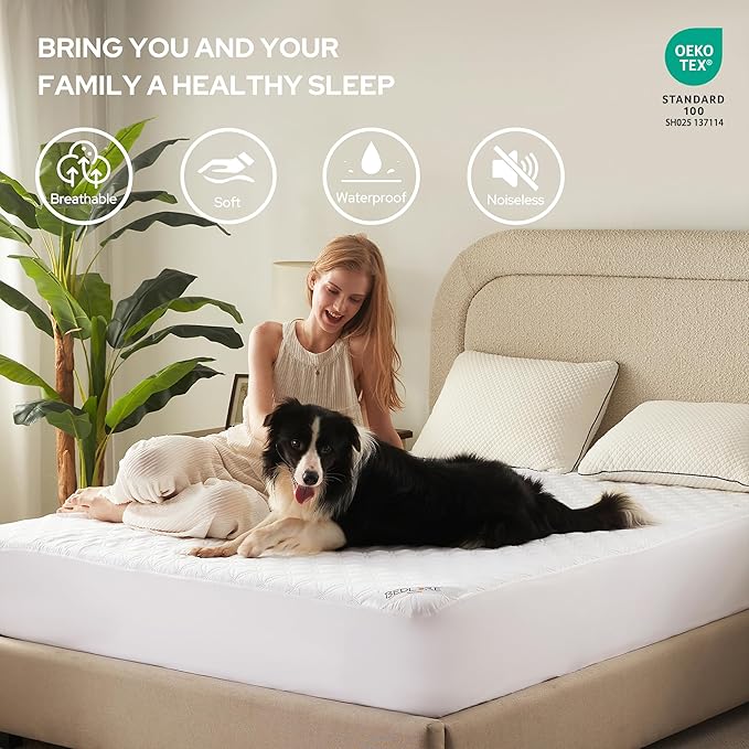 BEDLORE Waterproof Mattress Protector, Queen Size Noiseless Mattress Pad with Deep Pocket Fitted Up to 6-18 inches, Soft Noiseless Bed Mattress Cover Washable for Home, Bedroom, Hotel (White)