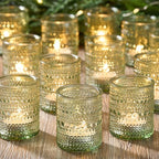 24 Pack Clear Glass Votive Candle Holders, Vintage Candle Holder for Floating Candle, Tealight Candle Holder for Table Centerpieces Home Bridal Shower Birthday Christmas Table Decoration (Green)