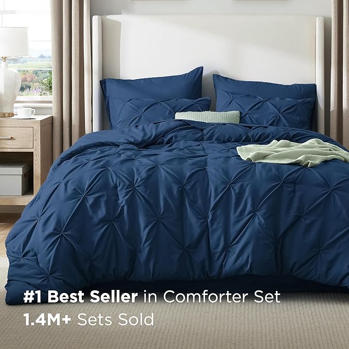Bedsure California King Comforter Set Navy - Bed in a Bag Cal King Bedding Set 7 Pieces, GentleSoft™ Pintuck Bed Set Gift for Family, Pinch Pleat Navy Comforter with Sheets, Pillowcases & Shams