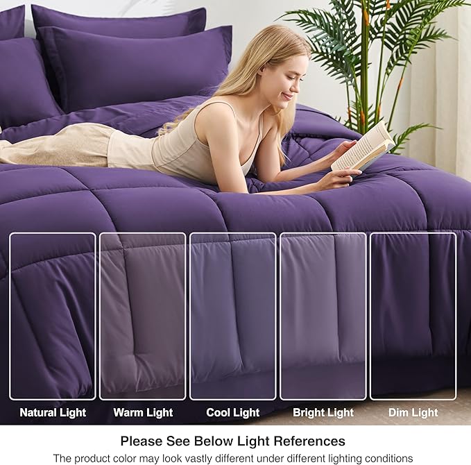 Love's cabin Twin XL Comforter Set Dark Purple, 5 Pieces Twin XL Bed in a Bag, All Season Bedding Sets with 1 Comforter, 1 Flat Sheet, 1 Fitted Sheet, 1 Pillowcase and 1 Pillow Sham