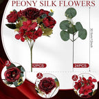 Peony Artificial Flowers, Faux Peonies Hydrangea Eucalyptus Bouquet 12 Packs Silk Vintage Realistic Peony Floral Arrangement for Vase Wedding Centerpiece Table Home Party Decor-Burgundy