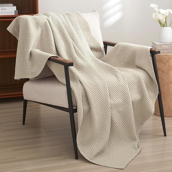 PHF 100% Cotton Waffle Weave Throw Blanket，Pre-Washed Snag Proof Lightweight Breathable Moisture-Wicking for Layering in Cold Weather for Couch Bed,Machine Washable,Home Decor Gift-Linen