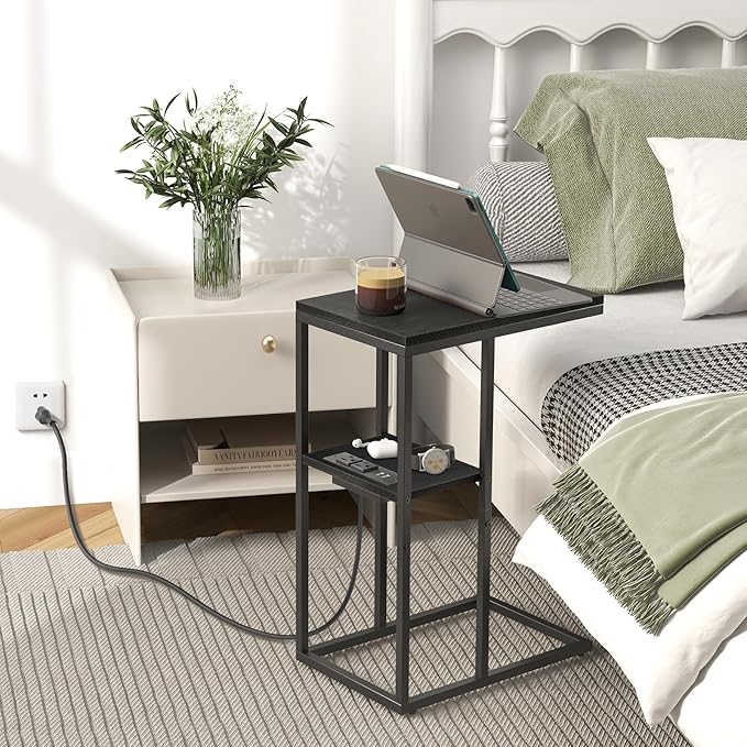 Yoobure C Shaped End Table with Charging Station for Living Room, Bedroom, Sofa Table with USB Ports and Outlets for Small Spaces, Couch Rustic Snack Bed Table