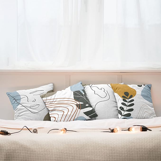 Ambesonne Minimal Throw Pillow Cushion Case Pack of 4, Modern Line Art Woman Portrait with Contemporary Leafy Geometric Details, Modern Accent Double-Sided Digital Printing, 24", Baby Blue Taupe Amber