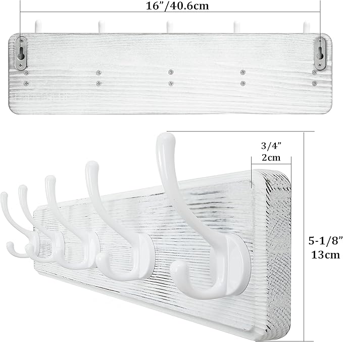 WEBI Coat Rack Wall Mount,Coat Hooks Wall Mounted,16" Hole to Hole,Large Coat Hanger Wall Hook Rack,5 Hooks for Hanging Coats,Hats,Jacket,Clothes,White,2 Packs