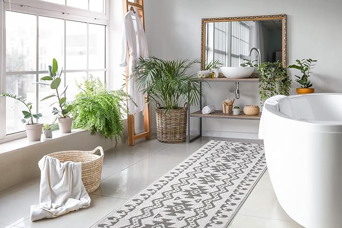 Custom Size Southwestern Style Runner Rug Mat for Wide Hallway Entryway Kitchen Laundry Room with Slip Resistant Latex Rubber Backing, Aztec Light Grey, 31 inch X 6 feet