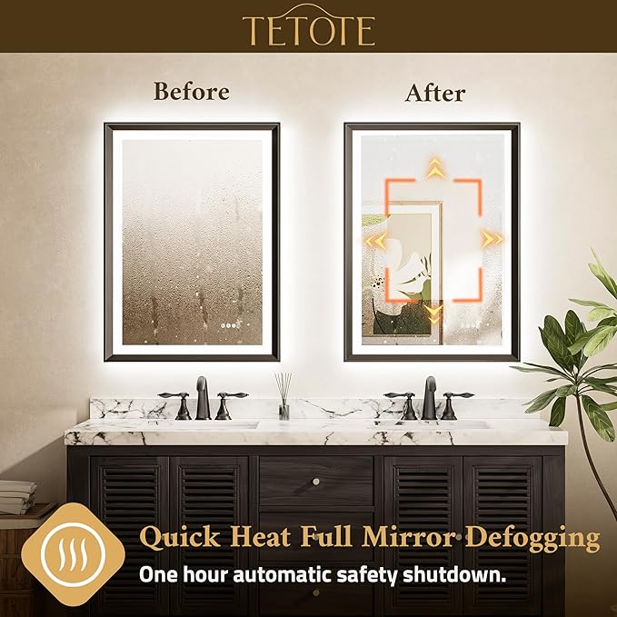 TETOTE 60x40 LED Bathroom Mirror with Lights Black Frame Frontlit & Backlit Lighted Vanity Mirror Baroque Anti Fog Dimmable White/Warm/Natural,CRI90+,Waterproof,Wall Mounted(Horizontal/Vertical)