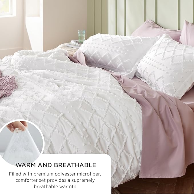 Bedsure Oversized King Comforter Set - Ivory Comforter, Boho Tufted Shabby Chic Bedding, 3 Pieces Vintage Farmhouse Bed Set for All Seasons, Fluffy Soft Bedding with 2 Pillow Shams