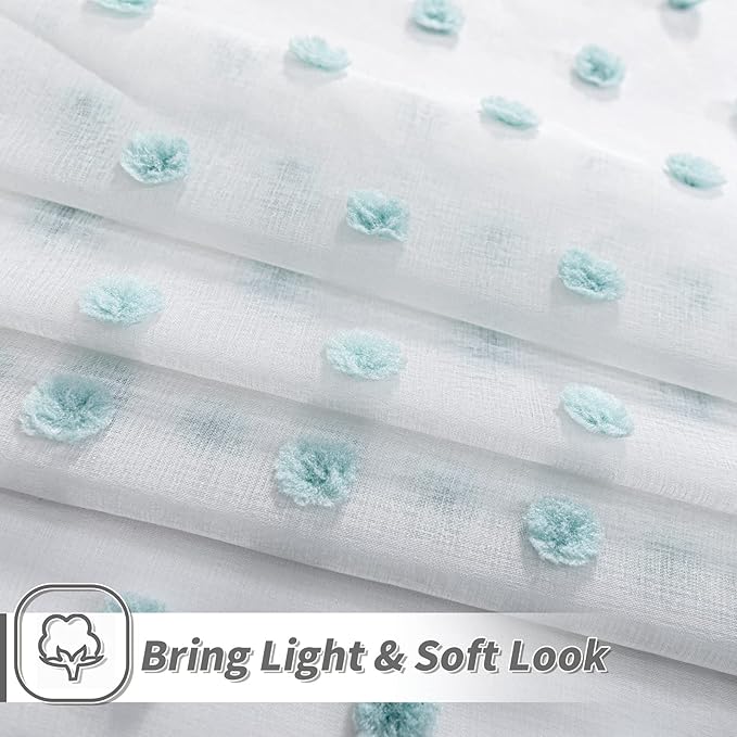MYSKY HOME 108 Inch Long Large Pom Pom Sheer Curtains for Living Room - Aqua White, Light Filtering, Rod Pocket Window Panels - 38 x 108 inch, 2 Pieces