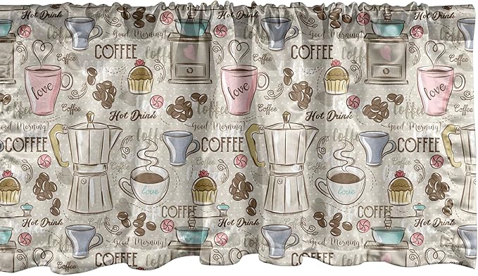 Ambesonne Modern Window Valance, Coffee Time Vintage Espresso Machine Cupcakes Beans Design, Curtain Valance for Kitchen Bedroom Decor with Rod Pocket, 42" x 18", Pale Pink Beige