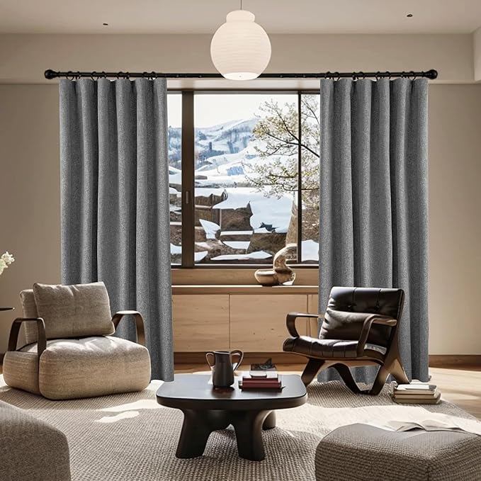 KangBang 120 Inch Black Out Linen Curtains 2 Panels Set for High Windows, Back Tab Rod Pocket Neutral Morden Tweed Blackout Linen Curtains for Living Room Sliding Patio Door(52x120 Inch, Frost Gray)