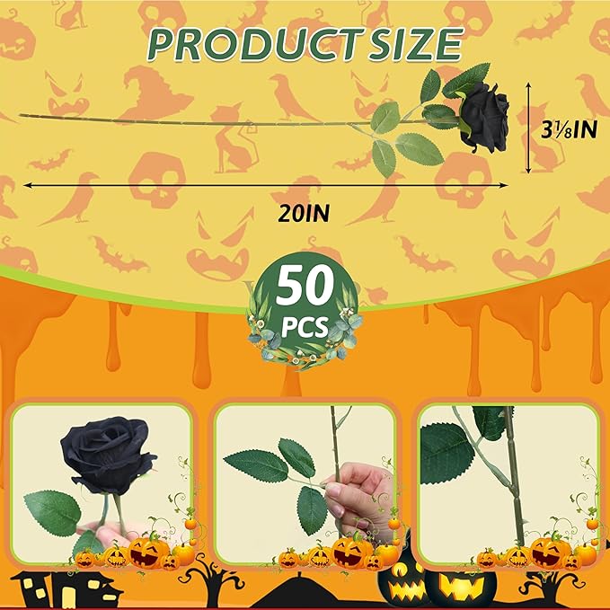 50 PCS Fake Black Roses, Artificial Flowers Bulk Halloween Decorations Realistic Silk Faux Black Roses with Stems for Gothic Wedding Party Decor, Bridal Bouquets DIY Floral Arrangement Home Decor