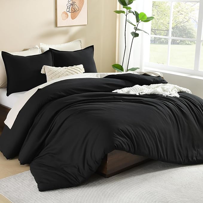 Litanika Black Comforter Set Queen Size, 3 Pieces Lightweight Solid Bedding Comforter Set, All Season Fluffy Bed Set (90x90In Comforter & 2 Pillowcases)
