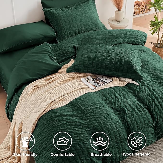 HYMOKEGE Emerald Green California King Comforter Set Seersucker 7 Pieces, All Season Luxury Bed in a Bag for Bedroom, Bedding Set with Comforter, Sheets, Pillowcases & Shams