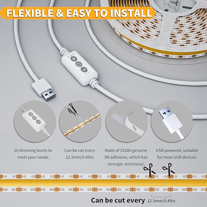 PAUTIX LED Strip Light 5V USB 6.56ft/2m 2700K, 640LEDs 1200lm Dimmable COB LED Strip Light Warm White CRI90+ USB TV Backlight,Flexible Under Cabinet Tape Light for Bedroom,Kitchen,Home DIY Lighting