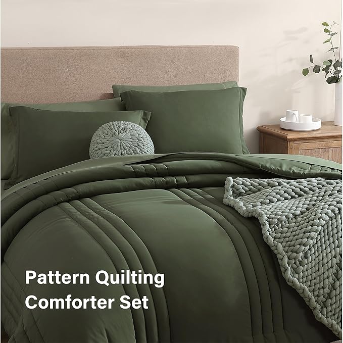 Monbix Twin XL Size Comforter Set - Extra Long 5 Pieces Dorm Bedding Sets, Quilting Design Fluffy Bed in a Bag Twin XL with Sheets, Pillowcase & Sham(Olive Green)