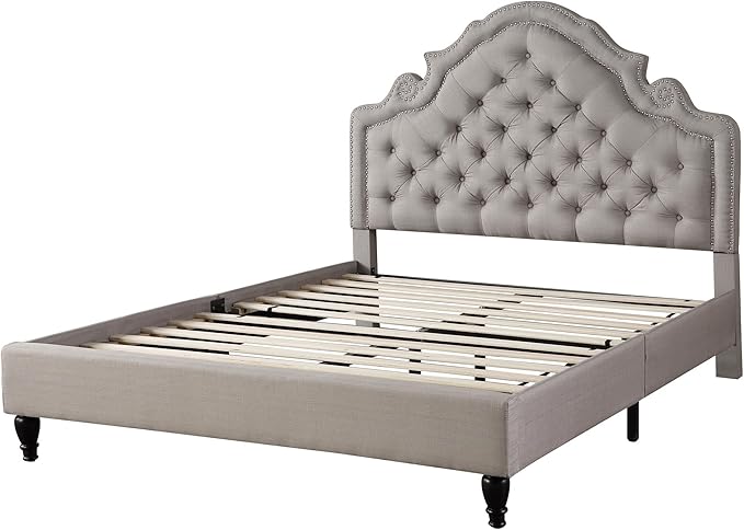 HomeLife Premiere Classics 51" Tall Platform Bed with Cloth Headboard and Slats - King (Light Grey Linen)