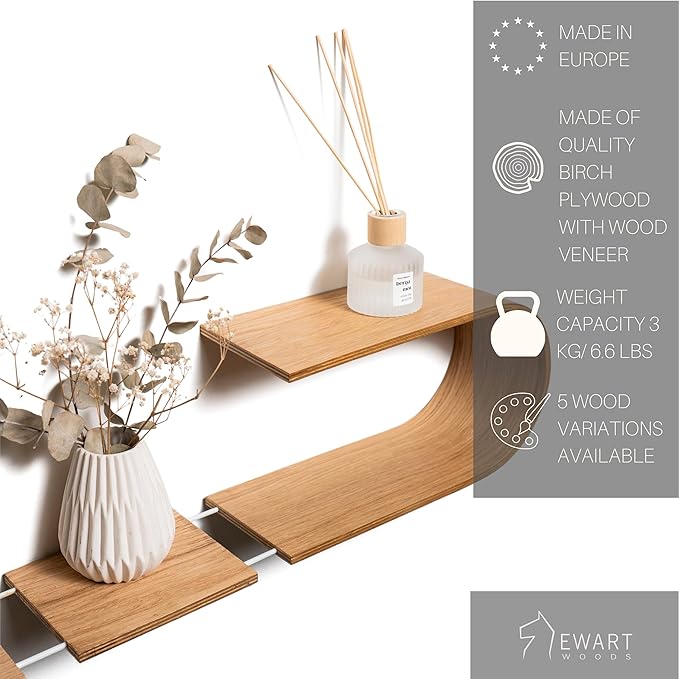 EWART WOODS Floating Wall Mounted Oval Shelf from Wood, Decorative Geometric Wooden Shelves for Candles, Unique Oak Hanging Display Decor (Walnut)
