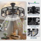 DLLT Caged Ceiling Fan with Lights: 26" Bladeless Fandelier with Light and Remote - Black Industrial Chandelier Fan Light for Bedroon Living Dining Room Kitchen