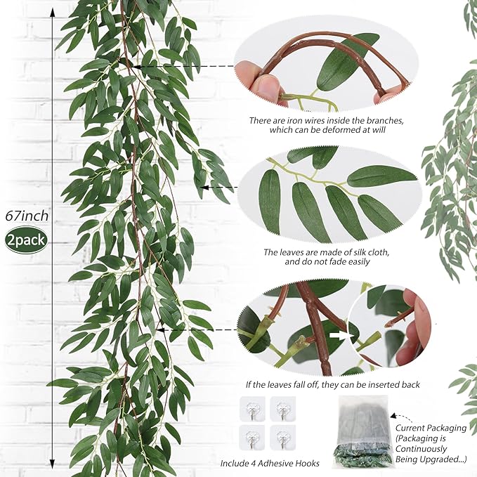 RECUTMS Artificial Willow Leaves Vine Twigs 2Pcs 5.7Ft Fake Hanging Ivy Plants Silk Green Leaf Rattan Garland Greenery Decor for Indoor Outdoor Home Wedding Arch Jungle Beach Birthday Party Garden