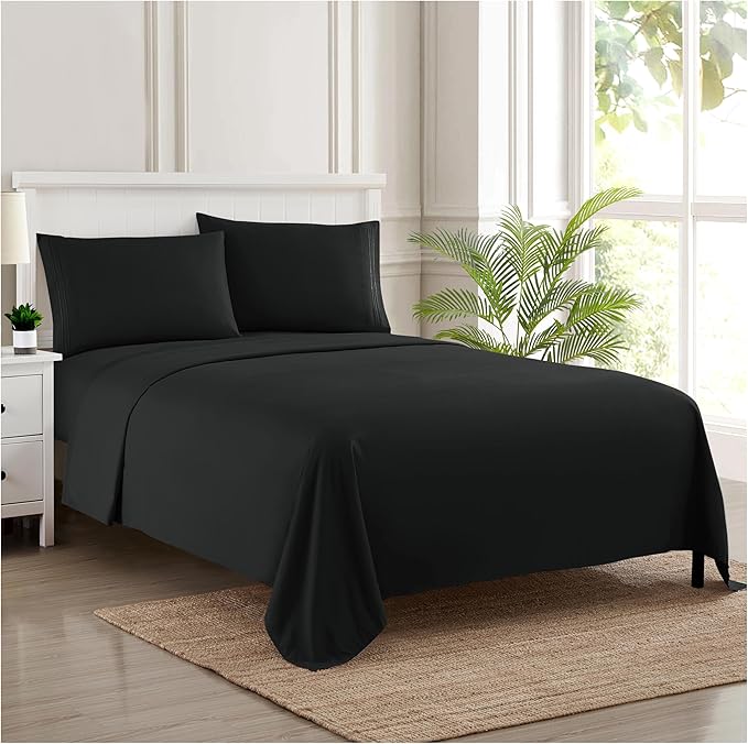Split King Sheets - Breathable Luxury Sheets with Full Elastic & Secure Corner Straps Built In - 1800 Supreme Collection Extra Soft Deep Pocket Bedding Set, Sheet Set, Split King Size, Black