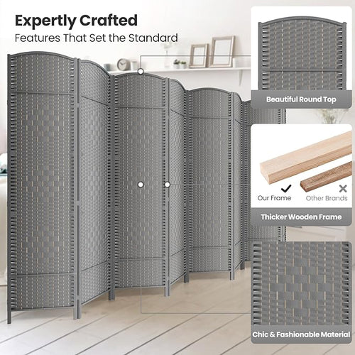 8 Panel Room Divider,6Ft Folding Privacy Screen,Tall - Extra Wide Foldable Panel Partition Wall Divider with Diamond Double-Weaved Hand-Woven Design Room Screen Divider