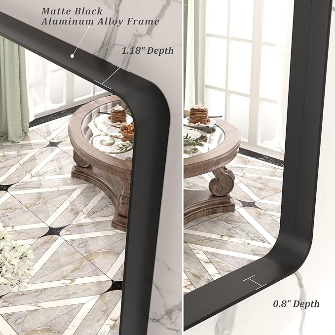 40x30 Black Bathroom Mirror, Matte Framed Bathroom Vanity Mirror for Wall, Modern Rectangle Mirror, Rounded Corners, Tempered Glass (Horizontally/Vertically)