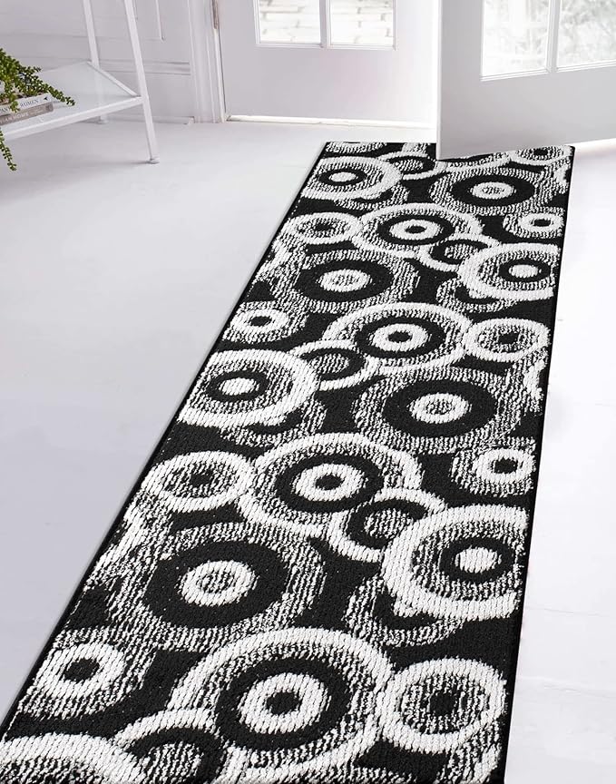 Custom Length Cut to Size Modern Farmhouse Carpet Runner Rug for Hallways, Non Slip Rubber Backed, 31 inch Wide X Customized Length, Geo Black, 31 inch X 31 feet
