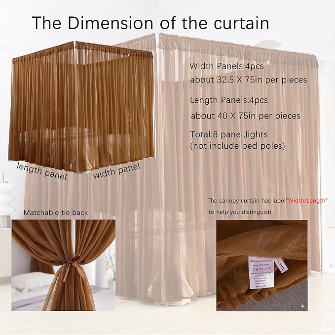 Akiky Canopy Bed Curtain with Lights Bed Drapes for Girls Adults Soft Bed Canopy Scarf for Bed Room Decoration (Full/Queen, Coffee)
