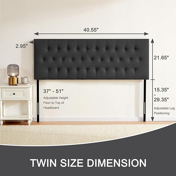 Tufted Upholstered Headboard Twin Size, Solid Wood Head Board with Durable Metal Legs, Adjustable Height Twin XL headboard from 37” to 51” Fabric Headboard in Modern Button Design, Black