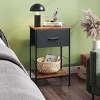 WLIVE Nightstand Set of 2, End Table with Fabric Storage Drawer and Open Wood Shelf, Bedside Furniture with Steel Frame, Side Table for Bedroom, Dorm, Black and Rustic Brown, 25.03" Height