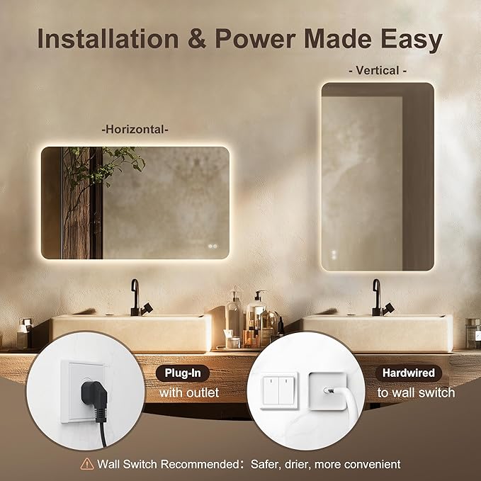 48''x30'' Lighted Mirrors for Bathroom Wall Backlit Rectangular Rounded Corners, LED Bathroom Mirror Frameless with Lights Anti Fog, Dimmable, 3 Colors,Tempered Glass, Shatter-Proof