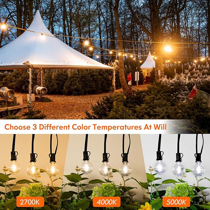 50FT Outdoor String Lights with 3 Color Lights, Dimmable G40 Globe String Lights for Outside with Remote, Waterproof Patio Lights with 25+1 Shatterproof Bulbs for Wedding Party Backyard Home Christmas
