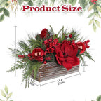 Christmas Centerpiece 11 Inch Artificial Norfolk Pine in Rustic Wooden Pot Flower Arrangement with Magnolia Flowers Pine Greenery Red Berries Ornaments for Dining Table Holiday Party Mantel Xmas Decor