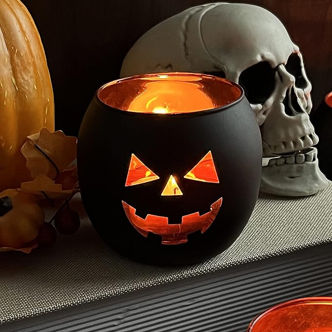 SHMILMH Halloween Table Centerpiece Candle Holders Set of 12, Black and Gold Glass Votive Holder with 6 Grimace, Tealight Holders Bulk for Halloween Party D?or