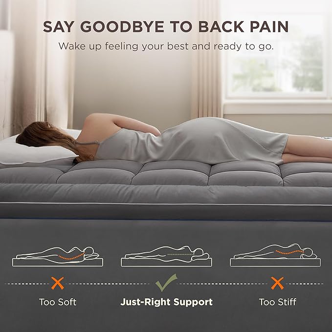 Bedsure Twin XL Mattress Topper Dorm Bedding - Extra Thick with Deep Pocket fits up to 21 Inches, Plush Soft Pillow-Top Bed Topper for Back Pain Relief, Overfilled with Down Alternative Filling, Grey