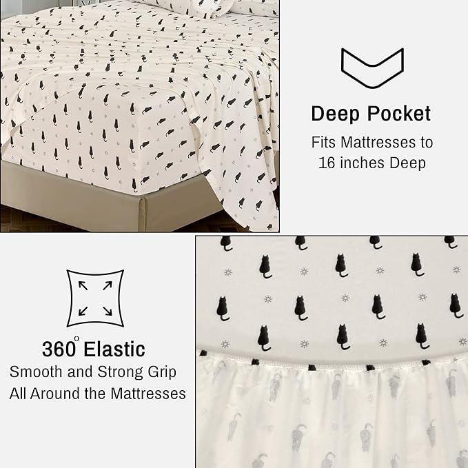 RUVANTI Flannel Sheets Full Size - 100% Cotton Double Brushed Bed Sheets Set, Deep Pockets 16 Inches, All Seasons Breathable & Extra Soft Full Sheets, Warm & Cozy, 4 Piece, Black Cat