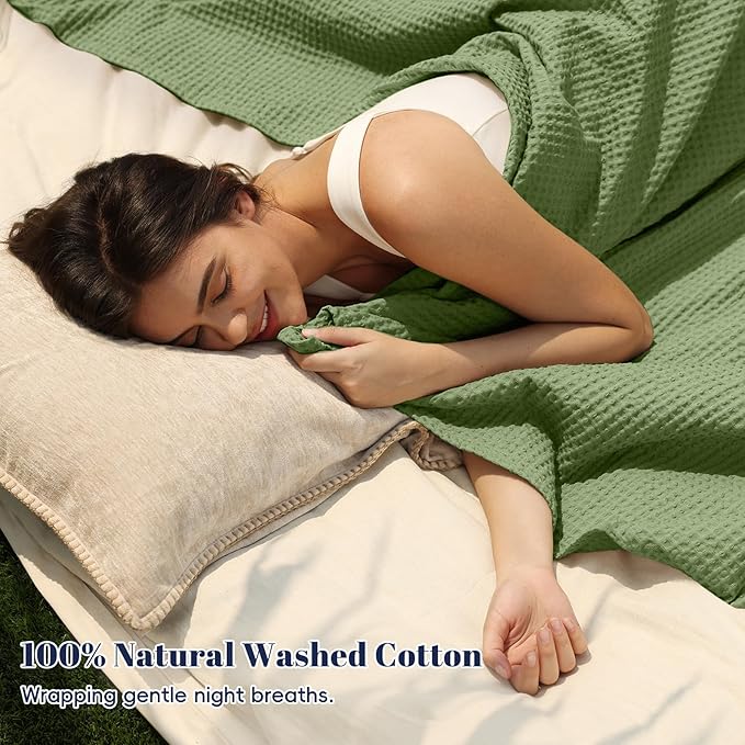PHF 100% Cotton Waffle Weave Blanket Queen Size for Bed,Snag Proof Lightweight Breathable Moisture-Wicking Throw for Couch,Great for Layering in Cold Weather,Machine Washable, Home Decor-Loden Green