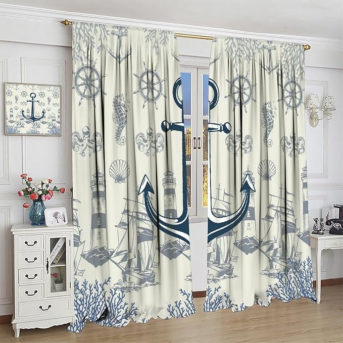 Nautical Anchor Curtains, Vintage Sailboat Ocean Coastal Lighthouse Window Drapes, Navy Blue Coral Shell Seahorse Beach Print Blackout Window Treatments for Living Room Bedroom 84x84in
