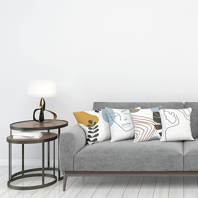Ambesonne Minimal Throw Pillow Cushion Case Pack of 4, Modern Line Art Woman Portrait with Contemporary Leafy Geometric Details, Modern Accent Double-Sided Digital Printing, 24", Baby Blue Taupe Amber