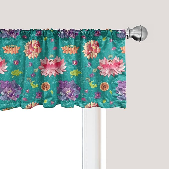 Ambesonne Floral Window Valance Pack of 2, Pattern with Lotus Flowers Peonies and Chrysanthemums Oriental Motifs Garden Art, Rod Pocket Curtain Valances for Kitchen Bedroom, 54" X 18", Teal
