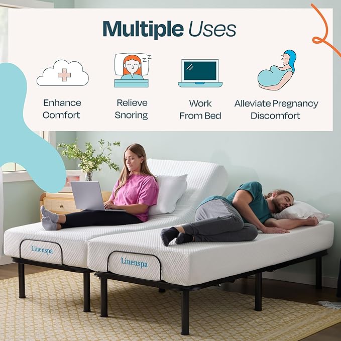 Linenspa Adjustable Bed Frame - Independent Head and Foot Incline - Powerful Quiet Motor - Easy Tool Free Assembly - Lounge - Watch TV - Working - Reading - Ergonomic - Electric Bed Base - Queen Size