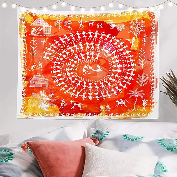 Batmerry Tribal Art Abstract Tapestry, Traditional Ancient Tribal Indian Rural Wall Art Hanging Decoration Polyester Fiber White Ruffled Around for Dorm Room Bedroom Living Room, 39.1x59.1 inches