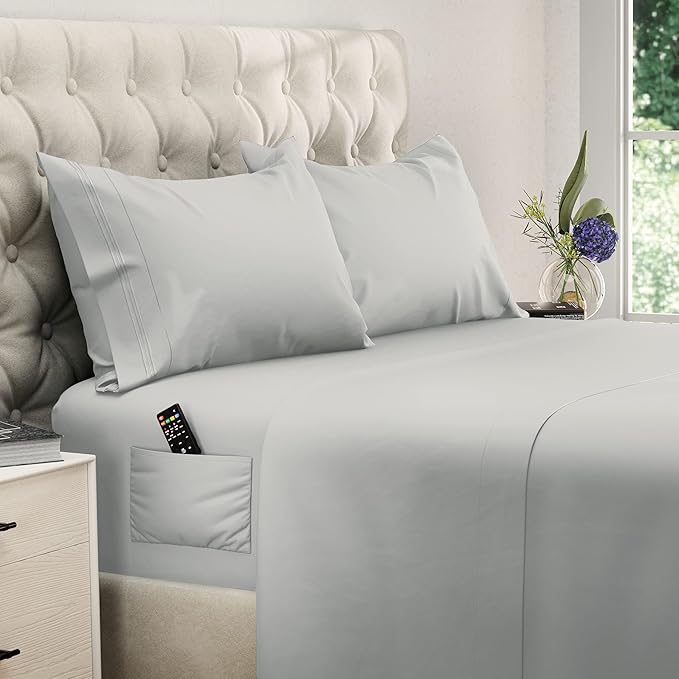 DREAMCARE Queen Size Sheets - Cooling Bed Sheets - 4pcs Set - up to 15" Deep Pocket Queen Sheet Set - Sheets Queen Size Bed - Soft & Long Lasting 100% Fine Brushed Polyester with Side Pocket - LGray