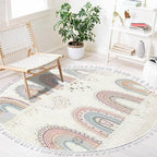 Round Boho Rug Scandinavian Cartoon Rainbows with Clouds Flowers and Stars in Pastel Area Linen Carpet Patio Hallway Runner Mat Pad Minimalist Home Decor for Living Room Outdoor, 3 ft