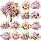 Zeyune 12 Bundles Artificial Peonies Flowers Artificial Silk Rose Faux Dahlia Fake Chamomile Hydrangea Bouquet Bulk for Vase Home Wedding Centerpiece Party Decoration(Lavender Blush,Misty Lavender)