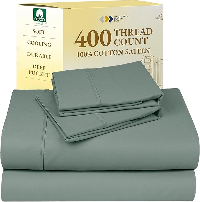 California Design Den Full Size Bed Sheets Set - Soft 400 Thread Count Sateen, Natural 100% Cotton Sheets with Deep Pockets, Breathable, Cooling and Durable Bedding Set - Sage Green