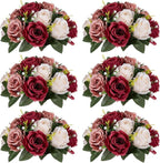 Nuptio Artificial Flower Centrepieces for Tables - 6 Pcs Burgundy & Dusty Rose & Creamy White Fake Flowers Roses Balls 9.5in Diam - Silk Faux Rose Arrangement for Wedding Party Centerpiece Table Decor