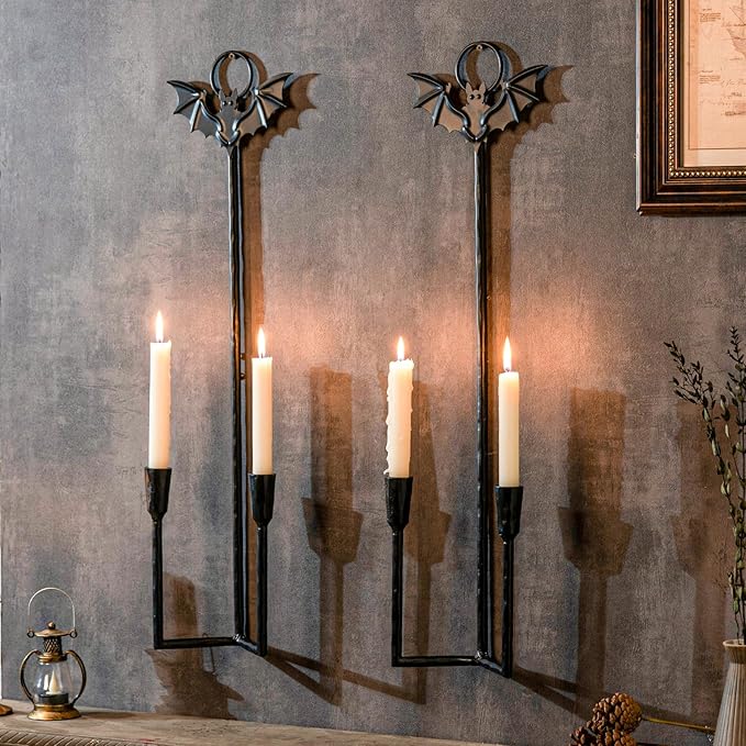 Wall Sconce Candle Holder Metal Hanging Wall Decorations Gothic Bat Wall Light Candle Holder for Home,Living Room, Bathroom, Dining Room, Set of 2（Black