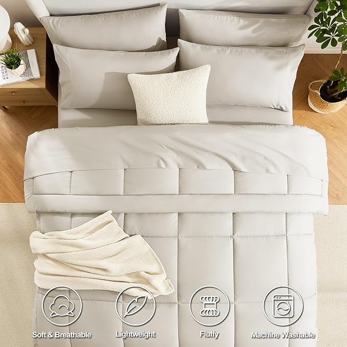 CozyLux Oversized King Comforter Sets Beige, 7 Pieces Bed in a Bag, Ultra-Soft All Season Bedding Sets with Stitch Quilted Comforter, Flat Sheet, Fitted Sheet, Pillowcases, Beige